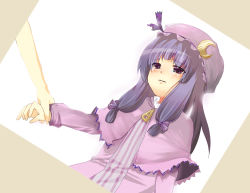 Rule 34 | 1girl, capelet, crescent, dutch angle, female focus, frills, holding hands, hat, long hair, long sleeves, mob cap, patchouli knowledge, purple eyes, purple hair, sazame, solo focus, touhou, upper body