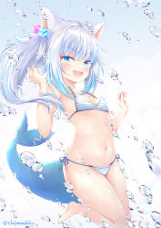 Rule 34 | 1girl, :d, air bubble, animal ears, bare arms, bare legs, bare shoulders, barefoot, bikini, blue eyes, blue hair, blush, breasts, bubble, cat ears, chiyami, collarbone, cube hair ornament, fins, fish tail, gawr gura, hair ornament, hololive, hololive english, long hair, looking at viewer, multicolored hair, navel, open mouth, shark tail, sharp teeth, side ponytail, silver hair, small breasts, smile, solo, streaked hair, striped bikini, striped clothes, swimsuit, tail, teeth, twitter username, underwater, virtual youtuber