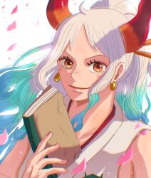 Rule 34 | 1girl, blue hair, book, close-up, commentary request, earrings, green hair, hair ornament, high ponytail, highres, holding, holding book, horns, japanese clothes, jewelry, kimono, looking at viewer, multicolored hair, multicolored horns, one piece, orange eyes, orange horns, petals, pink nails, ponytail, red horns, sidelocks, simple background, sleeveless, sleeveless kimono, smile, solo, suzu (suzuran piece), v-shaped eyebrows, white background, white hair, white kimono, yamato (one piece)