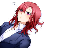 Rule 34 | 10s, 1girl, akikan (0272), blush, bubble, business suit, collared shirt, formal, half-closed eyes, love live!, love live! school idol project, nishikino maki, open mouth, purple eyes, red hair, shirt, short hair, simple background, solo, suit, white background