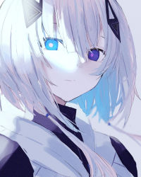 Rule 34 | 1girl, blue eyes, cevio, closed mouth, commentary request, grey background, hair between eyes, hair ornament, heterochromia, highres, kafu (cevio), long hair, looking at viewer, poono, purple eyes, simple background, solo, white hair