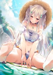 Rule 34 | 1girl, :o, animal ears, bare shoulders, bikini, bikini bottom only, blush, breasts, brown eyes, cat ears, cat girl, cat tail, choker, cloud, cocoa (cafe-hotcocoa), commentary request, crab, crop top, day, detached sleeves, feet, hair between eyes, hair ornament, hat, highres, jewelry, long hair, medium breasts, navel, open mouth, original, outdoors, pendant, sidelocks, sitting, sky, solo, sparkle, straw hat, sunlight, swimsuit, tail, toenails, tree, white hair