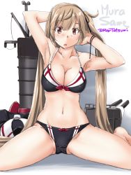 Rule 34 | 1girl, adapted costume, black bra, black panties, black serafuku, blush, bra, breasts, brown eyes, brown hair, character name, cleavage, unworn clothes, collarbone, commentary request, full body, groin, kantai collection, large breasts, light brown hair, long hair, looking at viewer, machinery, murasame (kancolle), navel, panties, rigging, school uniform, serafuku, simple background, sitting, smokestack, solo, tatsumi ray, turret, twintails, twitter username, underwear, underwear only, wariza, white background
