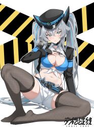 Rule 34 | 1girl, absurdres, belt, bikini, bikini top only, black belt, black hat, black jacket, black thighhighs, blue bikini, blue eyes, blue hair, blush, breasts, caution tape, clenched teeth, copyright name, cropped jacket, cropped shirt, crosscore, facing viewer, full body, grey hair, hand on own chest, hat, headgear, highres, jacket, knee up, large breasts, logo, long hair, looking at viewer, looking to the side, machairodus (crosscore), multicolored hair, navel, no shoes, official alternate costume, on ground, partially unbuttoned, peaked cap, police, police uniform, policewoman, shirt, short shorts, shorts, sitting, solo, steam, stomach, streaked hair, sweat, swimsuit, tamago (eva1314056), teeth, thighhighs, tied shirt, twintails, uniform, v-shaped eyebrows, very long hair, white background, white shirt, white shorts