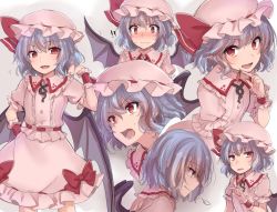 Rule 34 | !?, &gt;:d, &gt;:o, 1girl, :d, :o, arm garter, asa (coco), bat wings, blush, bow, closed mouth, cowboy shot, expressions, fangs, frilled shirt collar, frills, from side, hair flip, hat, hat ribbon, light purple hair, looking at viewer, mob cap, multiple views, nose blush, open mouth, parted lips, pink shirt, pink skirt, pointy ears, profile, red bow, red eyes, red ribbon, remilia scarlet, ribbon, shirt, short hair, skirt, skirt set, smile, surprised, sweat, touhou, v-shaped eyebrows, wings, wrist cuffs