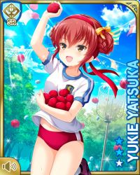 Rule 34 | 1girl, alternate hairstyle, braid, breasts, brown eyes, buruma, card (medium), day, forest, girlfriend (kari), hair ornament, hair ribbon, hair tie, headband, holding, long hair, looking at another, nature, official art, open mouth, outdoors, qp:flapper, red buruma, red hair, red headband, ribbon, running, school uniform, shirt, smile, solo, standing, throwing, twin braids, white shirt, yatsuka yukie