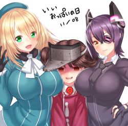 Rule 34 | 10s, 3girls, atago (kancolle), bad id, bad pixiv id, black gloves, blonde hair, blush, breasts, brown eyes, brown hair, date pun, dated, empty eyes, eyepatch, fingerless gloves, gloves, green eyes, hand on own hip, hat, headgear, kantai collection, large breasts, long hair, looking at viewer, magatama, military, military uniform, multiple girls, number pun, open mouth, ryuujou (kancolle), school uniform, short hair, simple background, smile, tenryuu (kancolle), translated, twintails, uniform, visor cap, white background, yapo (croquis side), yellow eyes