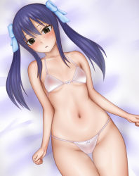 Rule 34 | 1girl, bed sheet, blue bow, blush, bow, bow bra, bow panties, bra, breasts, brown eyes, cameltoe, clenched hands, crotch seam, fairy tail, from above, hair bow, head tilt, light frown, long hair, looking at viewer, lying, navel, on back, on bed, panties, parted lips, ponte, purple hair, see-through, small breasts, solo, string bra, string panties, twintails, underwear, wendy marvell, white bra, white panties