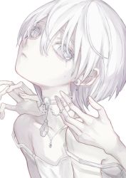 Rule 34 | 1boy, androgynous, choker, colored eyelashes, crossdressing, crying, crying with eyes open, disembodied hand, earrings, frown, highres, jewelry, looking back, male focus, necklace, original, pale skin, parted lips, short hair, solo, tank top, tears, trap, white background, white hair, white theme, ylu
