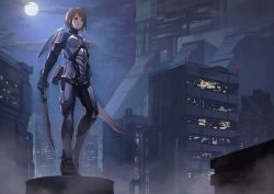 Rule 34 | 1girl, absurdres, bodysuit, breasts, brown hair, building, cloud, cloudy sky, dual wielding, fixro2n, full moon, grey bodysuit, highres, holding, holding sword, holding weapon, looking away, moon, night, night sky, official art, original, outdoors, parted lips, railing, red eyes, sky, small breasts, solo, standing, sword, weapon