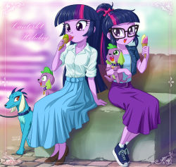 Rule 34 | 1boy, 2girls, :3, dog, dual persona, ember (my little pony), food, glasses, ice cream, long hair, multiple girls, my little pony, my little pony: equestria girls, my little pony: friendship is magic, open mouth, personification, princess twilight sparkle, sci-twi, spike (my little pony), tagme, twilight sparkle, uotapo