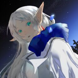 Rule 34 | 1girl, blue scarf, blush, chamwa, commentary, dutch angle, earrings, elf, frieren, highres, jacket, jewelry, long hair, looking at viewer, night, night sky, outdoors, parted lips, pointy ears, scarf, sky, solo, sousou no frieren, star (sky), starry sky, upper body, white hair, white jacket