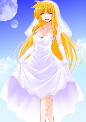 Rule 34 | 1girl, above clouds, bare shoulders, blonde hair, blue sky, bridal veil, clear sky, cloud, commentary, day, dress, engo (aquawatery), facing viewer, fate testarossa, gloves, jewelry, light blush, long dress, long hair, lyrical nanoha, mahou shoujo lyrical nanoha strikers, medium hair, mizuki nana, multiple moons, necklace, open mouth, pearl necklace, sidelocks, skirt hold, sky, smile, solo, standing, strapless, strapless dress, veil, voice actor connection, wedding dress, white dress, white gloves