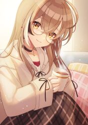 Rule 34 | 1girl, ahoge, berry, black choker, brown eyes, brown hair, brown hoodie, brown skirt, choker, coffee, couch, cup, earrings, food-themed earrings, glasses, highres, holding, holding cup, hololive, hololive english, hood, hoodie, jewelry, light particles, long hair, long skirt, looking at viewer, mug, multicolored hair, nanashi mumei, nanashi mumei (casual), necklace, official alternate costume, oversized clothes, pillow, plaid, plaid skirt, red shirt, round eyewear, runes, shirt, skirt, sleeves past wrists, smile, streaked hair, sweater, tsumurimai, virtual youtuber, white sweater