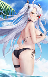 Rule 34 | 1girl, absurdres, ass, azur lane, bikini, black bikini, black neckwear, black ribbon, blue sky, blush, breasts, choker, commentary request, cross, cross earrings, earrings, from behind, hair ornament, hair ribbon, halterneck, highres, jewelry, jyu-so, large breasts, long hair, looking at viewer, looking back, multicolored hair, official alternate costume, outdoors, parted bangs, parted lips, prinz eugen (azur lane), red eyes, red hair, revision, ribbon, side-tie bikini bottom, silver hair, sky, solo, standing, streaked hair, string bikini, swimsuit, thigh strap, thighs, two side up, underboob, wading, wet