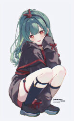 1girl :p asymmetrical_legwear black_footwear black_hairband black_hoodie black_socks brown_socks closed_mouth commentary_request convenient_leg full_body green_hair grey_background hairband hand_up heart heart-shaped_pupils highres hood hood_down hoodie knees_up long_hair long_sleeves looking_at_viewer mismatched_legwear original puffy_long_sleeves puffy_sleeves red_eyes shoes silltare simple_background sleeves_past_fingers sleeves_past_wrists smile socks solo squatting symbol-shaped_pupils tongue tongue_out watermark web_address