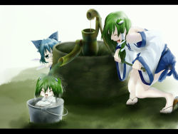 Rule 34 | 3girls, blue hair, bucket, cirno, green hair, highres, in bucket, in container, kisume, kochiya sanae, letterboxed, multiple girls, poker-face-008, touhou, water, well