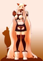 Rule 34 | 10s, 1girl, absurdly long hair, abyssal ship, airfield princess, animal ear legwear, ankle boots, boots, breasts, cat cutout, cat ear legwear, cat lingerie, claws, clothing cutout, collar, colored skin, commentary, gluteal fold, highres, horns, kantai collection, leotard, long hair, looking at viewer, mechanical arms, meme attire, moeroknight, monochrome, open mouth, orange eyes, pale skin, single mechanical arm, solo, standing, teeth, thigh gap, thighhighs, underwear, very long hair, wardrobe error, white footwear, white hair, white skin