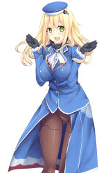 Rule 34 | 10s, 1girl, :d, atago (kancolle), beret, black gloves, black pantyhose, blonde hair, blue hat, bonkiru, breasts, cleavage, frilled sleeves, frills, gloves, gluteal fold, green eyes, hat, head tilt, highres, kantai collection, large breasts, long hair, long sleeves, looking at viewer, open mouth, pantyhose, simple background, smile, solo, standing, white background