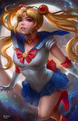 Rule 34 | 1girl, 2016, artist name, bishoujo senshi sailor moon, blonde hair, blue sailor collar, blue skirt, boots, bow, breasts, choker, collarbone, commentary, crescent, double bun, dress, elbow gloves, full moon, gloves, knee boots, leg up, long hair, magical girl, medium breasts, moon, nopeys, parted lips, pleated skirt, realistic, red bow, red footwear, sailor collar, sailor dress, sailor moon, skirt, solo, sparkle, tiara, tsukino usagi, twintails, very long hair, white gloves