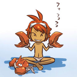 Rule 34 | 1990s (style), 1boy, antenna hair, barefoot, blush stickers, claws, creatures (company), dark-skinned male, dark skin, fang, game freak, gen 1 pokemon, goggles, grin, hitec, krabby, male focus, male swimwear, moemon, navel, nintendo, pokemon, pokemon (creature), pokemon rgby, red hair, retro artstyle, sitting, smile, swim briefs, swimsuit, tan, topless male, white male swimwear, white swim briefs