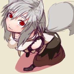 Rule 34 | 1girl, animal ears, female focus, from above, icf, inubashiri momiji, looking at viewer, looking up, mazuka kei, no headwear, no headwear, red eyes, short hair, silver hair, sketch, solo, tail, touhou, wolf ears, wolf tail