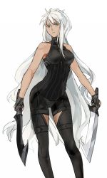 Rule 34 | 1girl, archer (fate), black gloves, black legwear, black shirt, black shorts, breasts, breasts apart, crimo, dual wielding, fate (series), floating hair, genderswap, genderswap (mtf), gloves, grey eyes, holding, holding sword, holding weapon, large breasts, long hair, looking at viewer, shirt, short shorts, shorts, silver hair, simple background, sleeveless, sleeveless shirt, solo, standing, striped clothes, striped gloves, sword, very long hair, weapon, white background