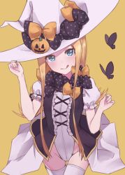 Rule 34 | 1girl, abigail williams (fate), absurdres, black bow, blonde hair, blue eyes, blush, bow, breasts, bug, butterfly, fate/grand order, fate (series), forehead, hair bow, hat, highleg, highleg leotard, highres, insect, kopaka (karda nui), leotard, long hair, looking at viewer, multiple bows, multiple hat bows, orange bow, parted bangs, sidelocks, small breasts, smile, thighs, witch hat