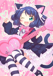 Rule 34 | 10s, 1girl, ;d, animal ears, bell, black hair, blush, bow, cat ears, cat tail, curly hair, cyan (show by rock!!), dress, fangs, guitar, hairband, instrument, jingle bell, kito (sorahate), looking at viewer, one eye closed, open mouth, pink bow, show by rock!!, smile, solo, strawberry heart (show by rock!!), striped clothes, striped thighhighs, tail, thighhighs