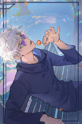 Rule 34 | 1boy, absurdres, bench, black jacket, black pants, blue eyes, candy, colored eyelashes, cowboy shot, food, framed, fxmao-, gojou satoru, hair between eyes, hand up, high collar, highres, holding, holding candy, holding food, holding lollipop, jacket, jujutsu kaisen, lollipop, long sleeves, looking at viewer, male focus, pants, round eyewear, short hair, sitting, solo, tongue, tongue out, white hair