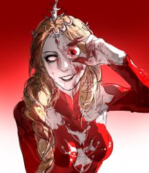 Rule 34 | 1girl, baldur&#039;s gate, baldur&#039;s gate 3, black eyeshadow, blank eyes, blonde hair, blood, blood on clothes, blood on face, blood on hands, bodysuit, braid, circlet, collared bodysuit, colored skin, commentary, crazy grin, crazy smile, detached sleeves, dungeons &amp; dragons, eyeball, eyeshadow, facing viewer, fingernails, gradient background, grey skin, grin, hair over shoulder, hand up, headpiece, highres, holding eyeball, long hair, low-braided long hair, low-tied long hair, makeup, minthara, one eye covered, orin the red, red background, red bodysuit, sharp fingernails, simple background, single braid, sketch, smile, solo, symbol-only commentary, two-tone background, upper body, white background, yun nian162