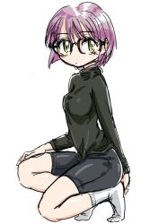 Rule 34 | 1girl, bike shorts, breasts, chrono trigger, full body, glasses, looking at viewer, lucca ashtear, purple hair, s-a-murai, short hair, simple background, socks, solo, white background