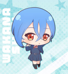Rule 34 | 1girl, aqua background, arm behind head, arm up, black thighhighs, blue hair, blue jacket, brown footwear, character name, chibi, commentary, crossed bangs, curled fingers, dress, ear piercing, english text, grey dress, hair between eyes, halftone, halftone background, highres, jacket, light blue hair, loafers, looking at viewer, love live!, love live! superstar!!, neck ribbon, open mouth, orange eyes, parted lips, piercing, pinafore dress, red ribbon, ribbon, saki usagi, school uniform, shoes, shrug (clothing), signature, sleeveless dress, solo, thighhighs, wakana shiki, winter uniform, yuigaoka school uniform
