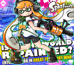 Rule 34 | 1girl, bike shorts, blush, boots, container, copyright name, digital media player, emblem, english text, gotthi, green eyes, gun, headphones, highres, holding, ink tank (splatoon), inkling, inkling girl, inkling player character, charm (object), long hair, looking to the side, nintendo, octopus, orange hair, paint splatter, pointy ears, shirt, shoes, single vertical stripe, smile, solo, splatoon (series), splatoon 1, squid, standing, t-shirt, tentacle hair, weapon, white shirt