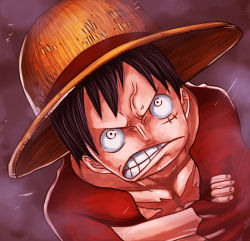 Rule 34 | 1boy, angry, black hair, clenched teeth, colorized, crossed arms, frown, hat, male focus, monkey d. luffy, muscular, oda eiichirou, one piece, open clothes, open shirt, punk hazard, red shirt, scar, shirt, solo, straw hat, teeth, third-party edit