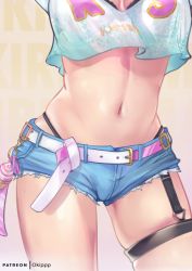 Rule 34 | 1girl, alternate costume, azur lane, belt, black panties, casual, character name, close-up, commentary, contemporary, contrapposto, crop top, denim, denim shorts, english commentary, kirishima (azur lane), kirishima (summery audacity) (azur lane), micro shorts, midriff, navel, okippp, panties, short shorts, shorts, skindentation, solo, stomach, thigh strap, thong, underwear