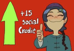 Rule 34 | 1girl, amphibia, arrow (symbol), blue hair, braid, closed eyes, closed mouth, facing viewer, hair ornament, hairclip, hat, marcy wu, mossacannibalis, purple hat, red background, simple background, smile, social credit, solo, thumbs up