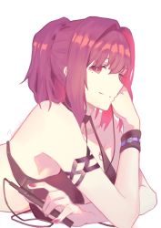 Rule 34 | 1girl, absurdres, alternate hairstyle, armband, atianshi, breasts, cable, choker, crossed arms, digital media player, fate/grand order, fate (series), highres, large breasts, looking at viewer, lying, nail polish, on stomach, ponytail, purple hair, red eyes, scathach (fate), smile, solo, swimsuit, white background, wristband