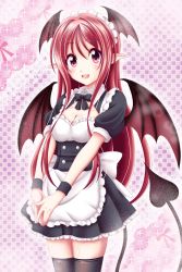 Rule 34 | 1girl, :d, alternate costume, apron, bat wings, black thighhighs, blush, bow, breasts, checkered background, cleavage, cleavage cutout, clothing cutout, colored eyelashes, cowboy shot, demon tail, dress, enmaided, frilled dress, frills, head wings, highres, koakuma, lace background, large bow, long hair, looking at viewer, maid, maid apron, maid headdress, medium breasts, open mouth, outline, own hands together, pointy ears, red eyes, red hair, reimei (r758120518), round teeth, short dress, smile, solo, tail, teeth, thighhighs, touhou, very long hair, waist apron, wings, zettai ryouiki