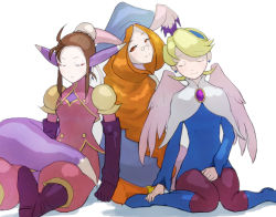 Rule 34 | 3girls, angel wings, animal ears, blonde hair, blue footwear, boots, breasts, breath of fire, breath of fire iv, brooch, capcom, closed mouth, dress, earrings, feathered wings, glasses, hairband, hat, highres, jewelry, long hair, looking at viewer, momo (breath of fire), multiple girls, nina (breath of fire iv), orange hair, pantyhose, rabbit ears, red eyes, robe, short hair, simple background, ursula (breath of fire), very short hair, white background, wings