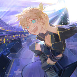 Rule 34 | + +, 1boy, a-shacho, bare shoulders, belt, belt buckle, black belt, black footwear, black headphones, black shirt, black sleeves, black thighhighs, blonde hair, blue eyes, blue shorts, buckle, cable, chinese commentary, collarbone, collared shirt, commentary request, dated, detached sleeves, full body, glowstick, gold trim, hand on own ear, headphones, headphones around neck, highres, instrument, kagamine len, long sleeves, looking at viewer, male focus, open mouth, palms, partially unbuttoned, pectoral cleavage, pectorals, piano, pocket, project diva (series), projector, punkish (module), shirt, shoes, short hair, short ponytail, short shorts, shorts, signature, sitting, sleeveless, sleeveless shirt, smile, solo, sparkling eyes, spotlight, stage, teeth, thigh belt, thigh strap, thighhighs, vocaloid, wide sleeves