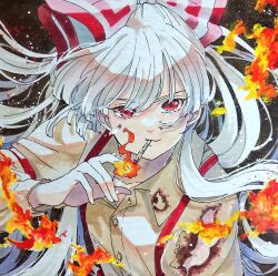 Rule 34 | 1girl, bow, burnt clothes, buttons, cigarette, collared shirt, fire, fujiwara no mokou, grey hair, hair bow, long hair, looking at viewer, mokoiscat, red eyes, shirt, smoking, solo, touhou, upper body, white bow, white shirt