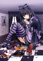Rule 34 | 1girl, absurdres, alice (alice in wonderland), alice in wonderland, alternate costume, alternate hair color, black footwear, black hair, book, bow, breasts, cage, card, carnelian, chair, checkered floor, cleavage, cup, doll, floor, food, frills, garter straps, giant, giantess, hair bow, high heels, highres, knife, lace, lolita fashion, mad hatter (alice in wonderland), medium breasts, messy, pie, platform footwear, platform heels, playing card, purple eyes, scissors, shoes, spoon, striped clothes, striped thighhighs, stuffed toy, table, teacup, teapot, thighhighs, window, zettai ryouiki