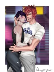 Rule 34 | 2boys, alternate costume, animal ears, aphelios, black hair, blush, casual, casual, cat ears, domination, face-to-face, facial mark, highres, hug, male focus, multiple boys, muscular, pale moon, pale skin, red hair, rough sex, sett (league of legends), shy, size difference, skinny, vastaya, yaoi, yellow eyes
