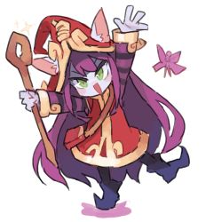 Rule 34 | 1girl, animal ears, blush, blush stickers, colored skin, dress, ears through headwear, fairy, green eyes, hat, holding, holding staff, kasa (hitori sanka), large hat, league of legends, long hair, lulu (league of legends), open hand, open mouth, pointy footwear, purple hair, purple skin, red dress, red headwear, simple background, sleeves past wrists, sparkle, staff, standing, standing on one leg, striped clothes, very long hair, white background, yordle