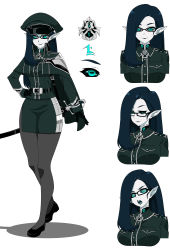 Rule 34 | 1girl, absurdres, belt, black-framed eyewear, black footwear, black sclera, blue eyes, blue hair, cape, cephalopod eyes, closed mouth, colored sclera, colored skin, commentary, english commentary, expressions, glasses, green cape, green hat, green jacket, grey pantyhose, hand on own hip, hat, highres, jacket, long hair, looking at viewer, military, military hat, military uniform, monster girl, multiple views, open mouth, original, pale skin, pantyhose, pointy ears, reddgeist, scabbard, sheath, shoes, simple background, smile, uniform, walking, white background, white skin