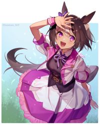 Rule 34 | 1girl, :d, animal ears, arm up, blue ribbon, blush, bow, braid, breasts, brown hair, brown vest, collared shirt, commentary, hair bow, highres, horse ears, horse girl, horse tail, jacket, looking at viewer, medium breasts, multicolored hair, neck ribbon, open mouth, puffy short sleeves, puffy sleeves, purple bow, purple eyes, purple ribbon, ribbon, shirt, short sleeves, skirt, smile, solo, special week (umamusume), streaked hair, tail, tsunakawa, twitter username, umamusume, vest, white hair, white jacket, white skirt, wristband