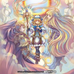 Rule 34 | 1boy, 2girls, armor, back, bare shoulders, blonde hair, boots, bow, bowtie, braid, brothers, cape, copyright name, dress, closed eyes, force of will, gloves, hay, long hair, multiple girls, nekobayashi, official art, pantyhose, siblings, smoke, sparkle, staff