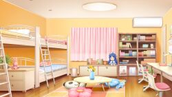 Rule 34 | air conditioner, bed, bedroom, book, bookshelf, bunk bed, calendar (object), candy-shaped pillow, ceiling light, character doll, character request, curtains, desk lamp, film grain, flower, game cg, indoors, izumi tsubasu, ladder, lamp, no humans, non-web source, official art, panda, pillow, pink flower, plant, poster (object), potted plant, re:stage!, rug, scenery, stuffed animal, stuffed rabbit, stuffed toy, swivel chair, trash can, wooden floor