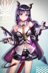 Rule 34 | 1girl, arknights, bare shoulders, belt, breasts, ch&#039;en (arknights), commentary request, dragon horns, highres, holding, holding sword, holding weapon, horns, jacket, long hair, looking at viewer, low twintails, navel, necktie, nerok, pout, purple eyes, purple hair, shorts, solo, sword, tail, twintails, weapon